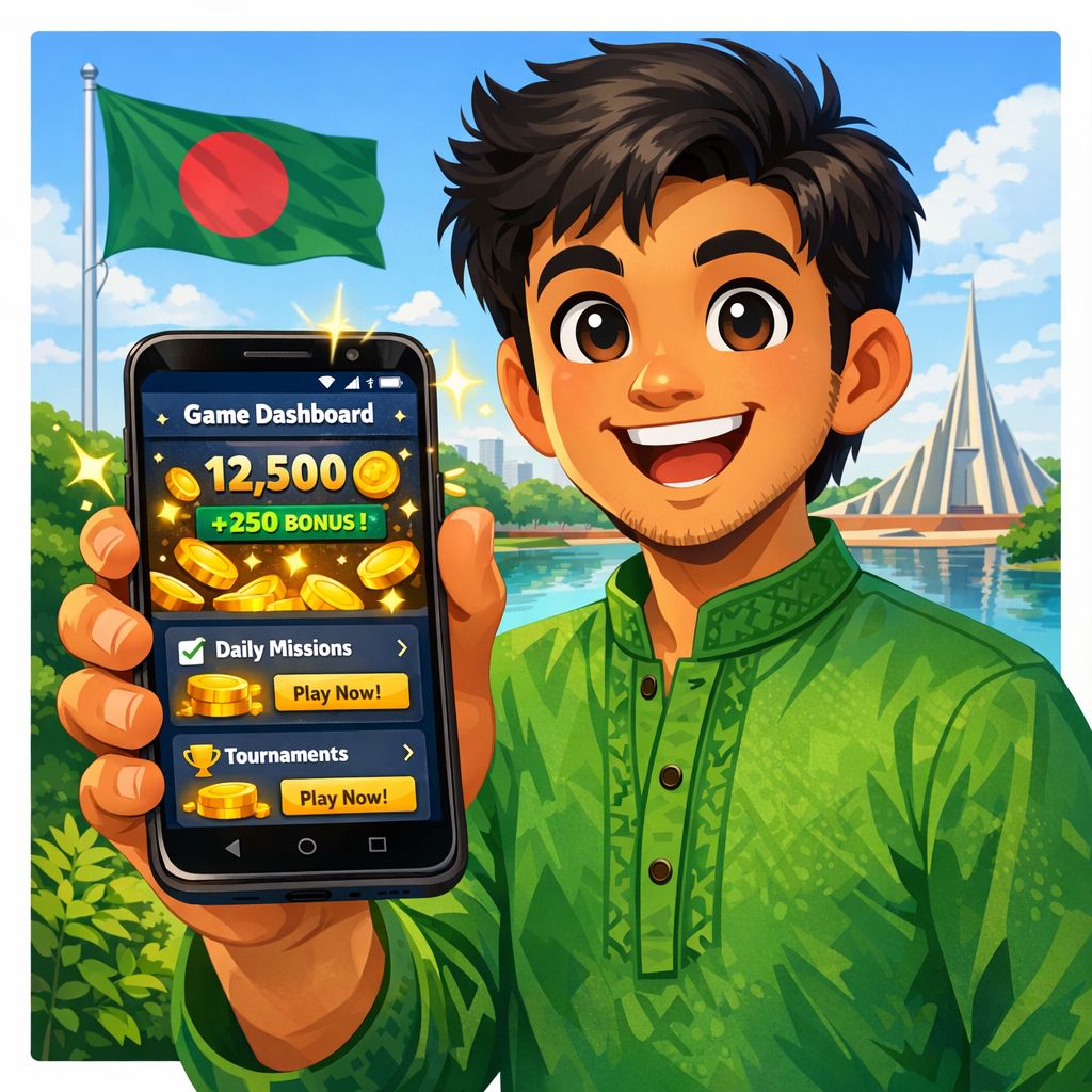 Bigwin959 cartoon character holding a smartphone with app icons and coins