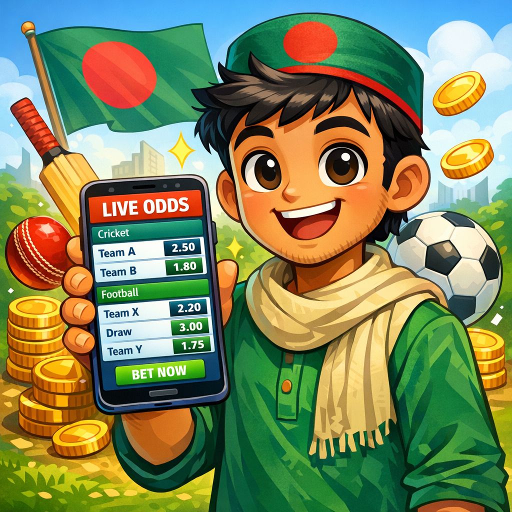 Bigwin959 themed cartoon bettor with a phone, sports icons, and coins