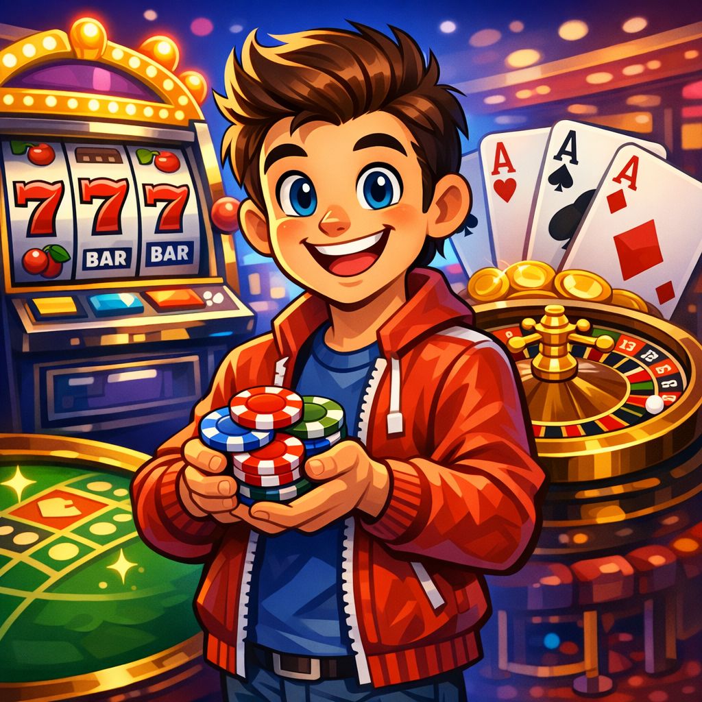 Bigwin959 cartoon casino character with chips, cards, and slot reels