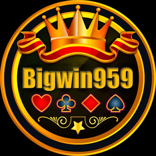 Bigwin959 themed cartoon characters celebrating a win with coins and a mobile casino app screen