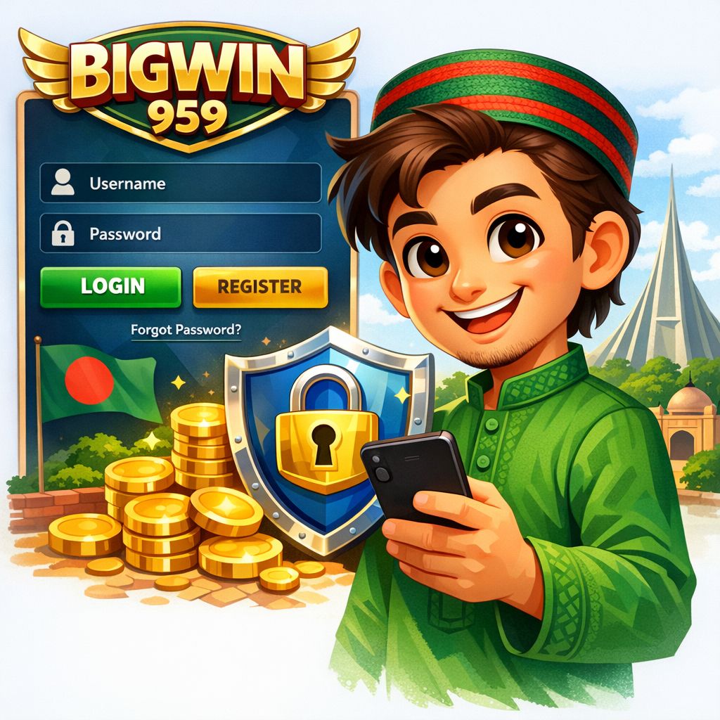 Bigwin959 login themed cartoon character with a phone, lock icon, and coins