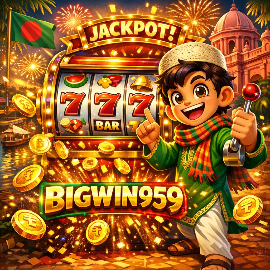 Bigwin959 themed cartoon character spinning a slot with coins and jackpot symbols